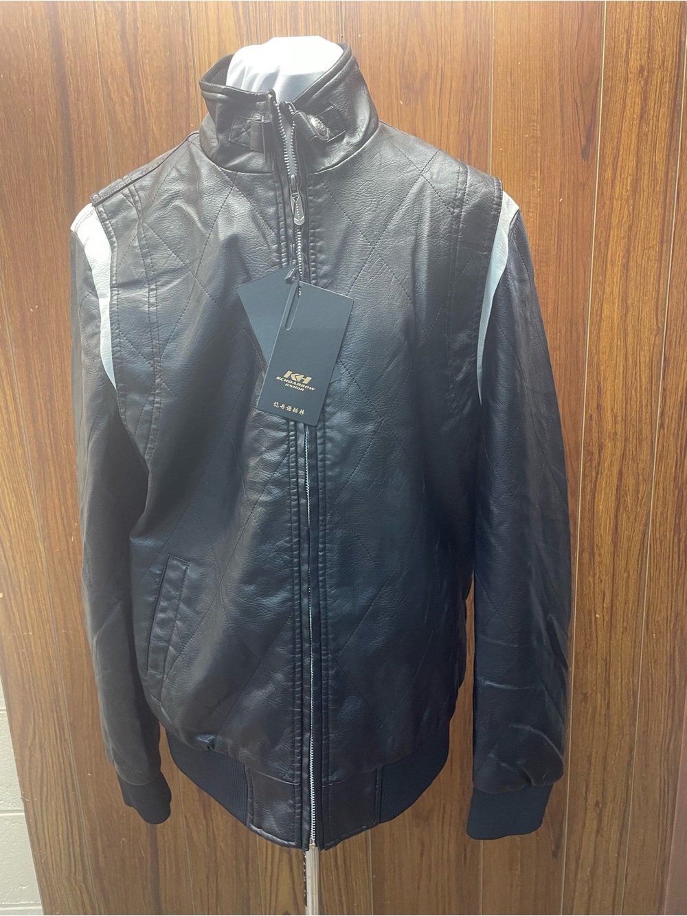 Men's Black Faux Leather Bomber Jacket with White Shoulder Accents
